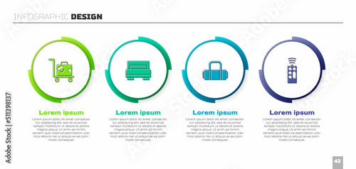 Set Suitcase, Hotel room bed, and Remote control. Business infographic template. Vector