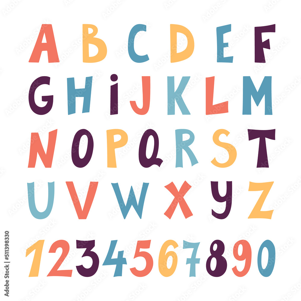 Cute Color alphabet and numbers. Hand drawing font for children.