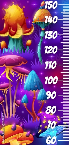 Magic mushrooms in fairy forest kids height chart. Vector growth measure meter with cartoon glowing toadstools. Measurement scale for children with fantasy fairytale world or alien funny fungi plants