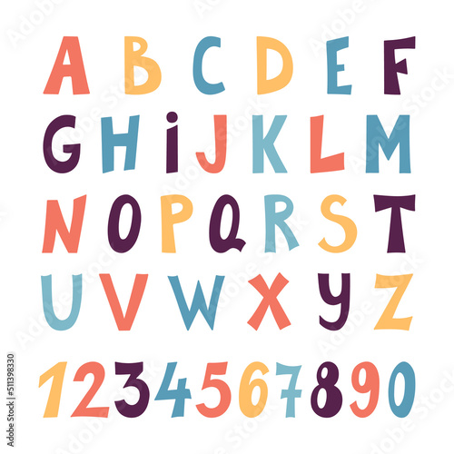 Cute Color alphabet and numbers. Hand drawing font for children.