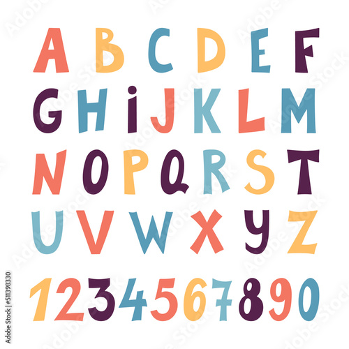 Cute Color alphabet and numbers. Hand drawing font for children.