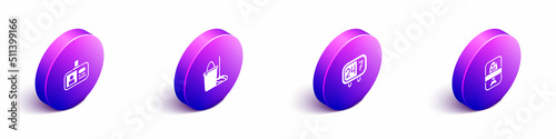 Set Isometric Identification badge, Mop and bucket, Clock 24 hours and Fish plastic tray container icon. Vector