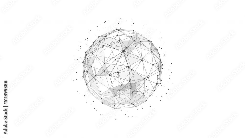 Technology Plexus sphere background from animated lines and dots with flowing particles. Looping seamless space geometrical backdrop
