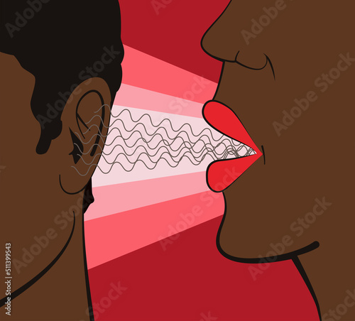 Spreading rumors, storytelling, telling gossips, sharing secret, information transmitting.  The human brings lips to someone's ear.