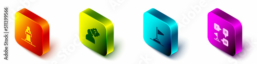 Set Isometric Speaker, Head with question mark, Flag and Planning strategy icon. Vector