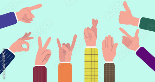 Vector illustration of male hands showing different cheerful and positive gestures
