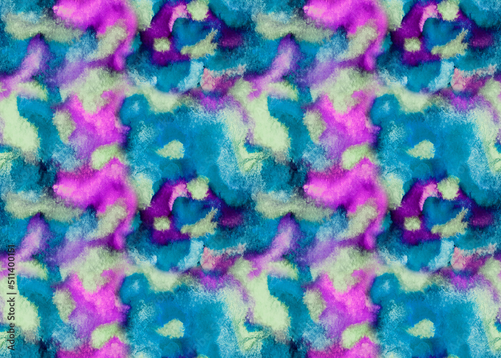 Seamless abstract pattern of colorful watercolor stains: gray, purple, blue on white background, print for fabric, wrapping paper, wallpaper, home decor, etc.