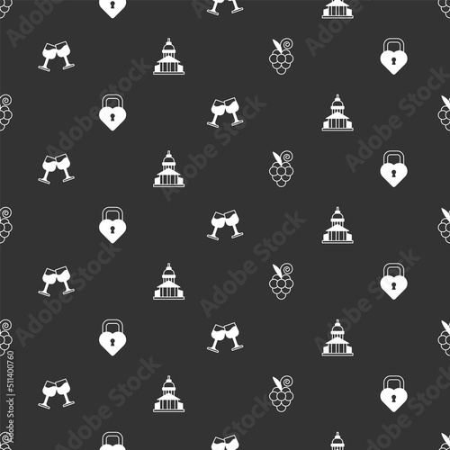 Set Grape fruit, Castle in the shape of heart, Wine glass and Museum building on seamless pattern. Vector