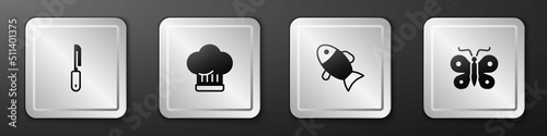 Set Knife, Chef hat, Fish and Butterfly icon. Silver square button. Vector