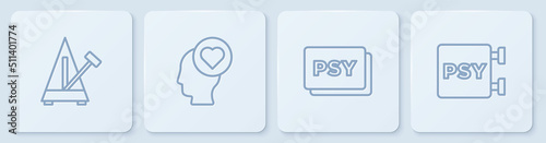Set line Metronome with pendulum, Psychology, Psi, Broken heart or divorce and . White square button. Vector