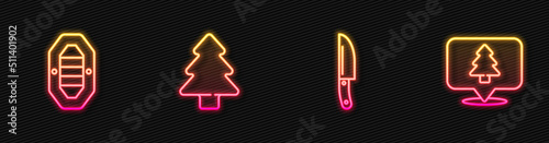 Set line Knife, Rafting boat, Forest and Location of the forest. Glowing neon icon. Vector