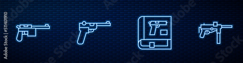 Set line Book with pistol or gun, Mauser, and Submachine M3. Glowing neon icon on brick wall. Vector