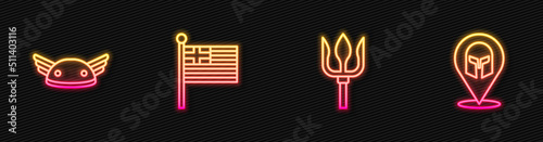Set line Neptune Trident, Helmet with wings, Greece national flag and Greek helmet. Glowing neon icon. Vector