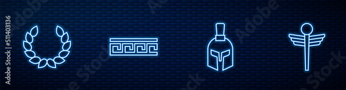 Set line Greek helmet, Laurel wreath, Ancient pattern and Caduceus snake medical. Glowing neon icon on brick wall. Vector