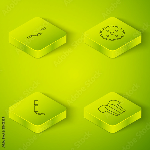 Set Isometric line Bicycle sprocket crank, air pump, Cycling t-shirt and handlebar icon. Vector