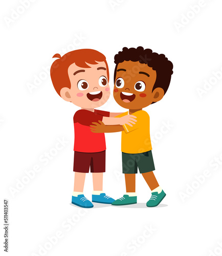 little kid hug best friend and feel happy