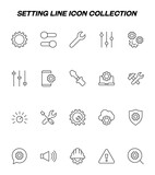 Setting or engineering concept. Vector sign drawn with thin line. Line icon set with symbols of gear, switch on/off, sound bar, wrench, screwdriver, indicator, cloud, speech bubble etc