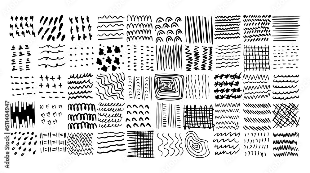Black white scribble doodle pattern. Handdrawn vector isolated set colelction