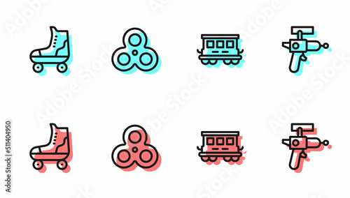 Set line Passenger train cars toy, Roller skate, Fidget spinner and Ray gun icon. Vector
