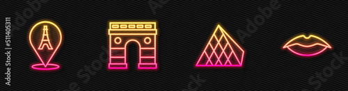 Set line Louvre glass pyramid, Eiffel tower, Triumphal Arch and Smiling lips. Glowing neon icon. Vector