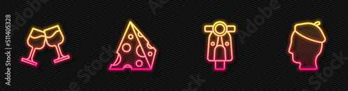 Set line Scooter, Wine glass, Cheese and French man. Glowing neon icon. Vector