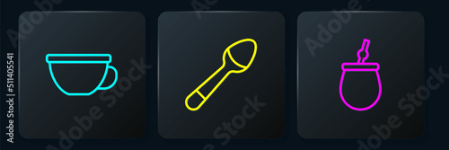 Set line Cup of tea, Mate and Teaspoon. Black square button. Vector