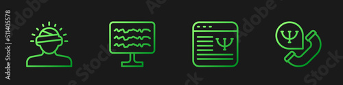 Set line Online psychological counseling, Concussion, headache, Encephalogram and . Gradient color icons. Vector