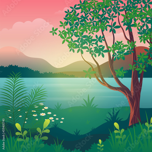 Sunset Lake view with hills, trees and mountains vector illustration