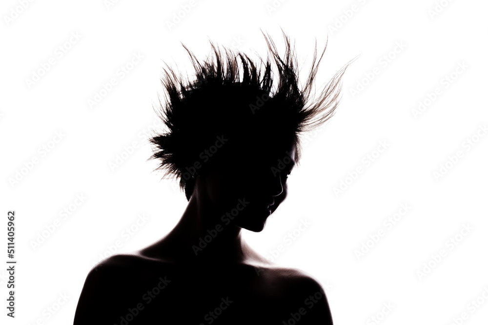 Silhouette portrait of a girl with short hair and hands up. Isolated against white background. .