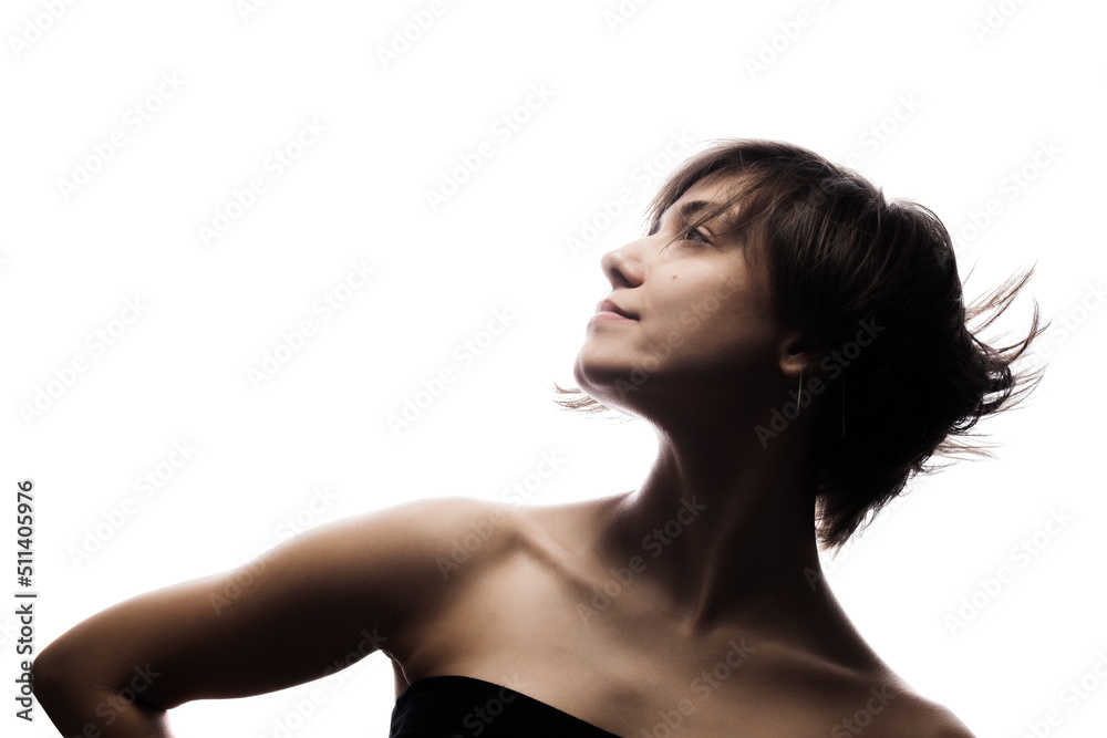 Half silhouette portrait of a girl with short hairstyle. Isolated against white background. . Half silhouette portrait of a girl with short hairstyle. Isolated against white background. .