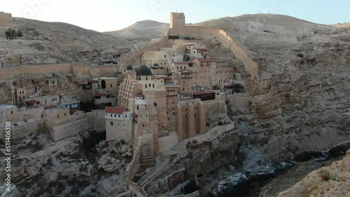Aerial view over Saint George Orthodox Monastery, Israel
St. George Orthodox Monastery, or Monastery of St. George of Choziba, Wadi Qelt, Judean desert, Israel, drone view
 photo