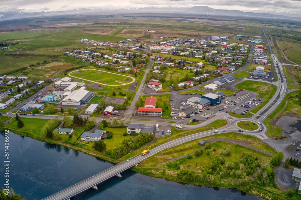 Aerial View of the town of Hella, Iceland during the brief Summer