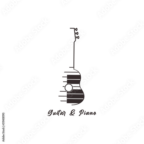 Guitar piano hand drawn flat colorful music vector icon. Classic Guitar piano keyboard silhouette design element. Vintage musical instrument emblem template