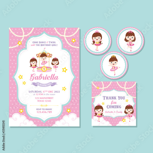 birthday girl invitation set with cute ballerina