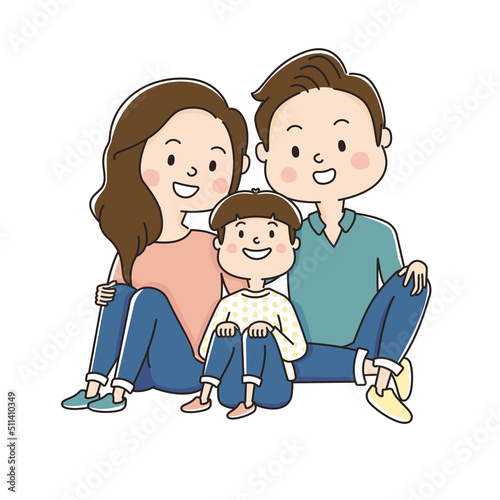 3人家族集合,座る,ポーズ,息子,家族,笑顔,子育て,素材
