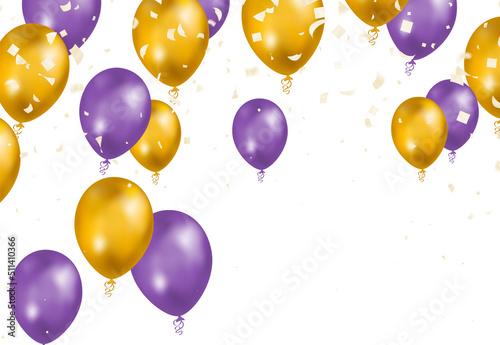 Design gold colors and purple with realistic flying helium balloons. Celebration, festival background, greeting banner, card, poster.