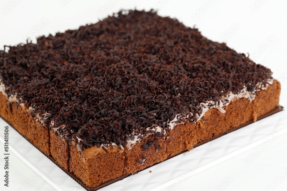 Small Square Sponge Cakes Cake Potong with Chocolate Shredded Dark Cooking Chocolate and Cream Small Square Sponge Cakes Cake Potong with Chocolate Shredded Dark Cooking Chocolate and Cream