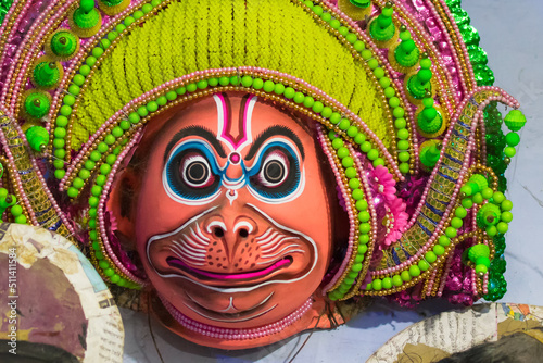 Colorful Chhau (or chhou) mask , handicrafts on display for sale - at Charida, Purulia - Bangla (formerly West Bengal), India. Chhau or Chhou is traditional tribal dance festival of India.