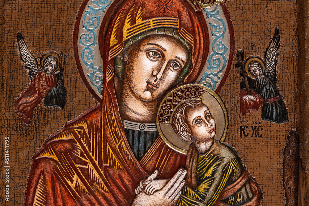 Icon painted in the byzantine or orthodox style depicting Virgin Mary and Jesus. - obrazy, fototapety, plakaty 