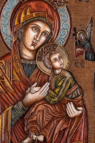 Icon painted in the byzantine or orthodox style depicting Virgin Mary and Jesus.