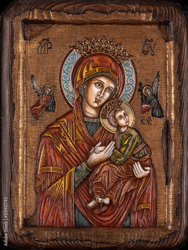 Icon painted in the byzantine or orthodox style depicting Virgin Mary and Jesus.