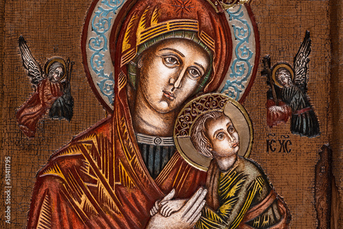 Photo Icon painted in the byzantine or orthodox style depicting Virgin Mary and Jesus