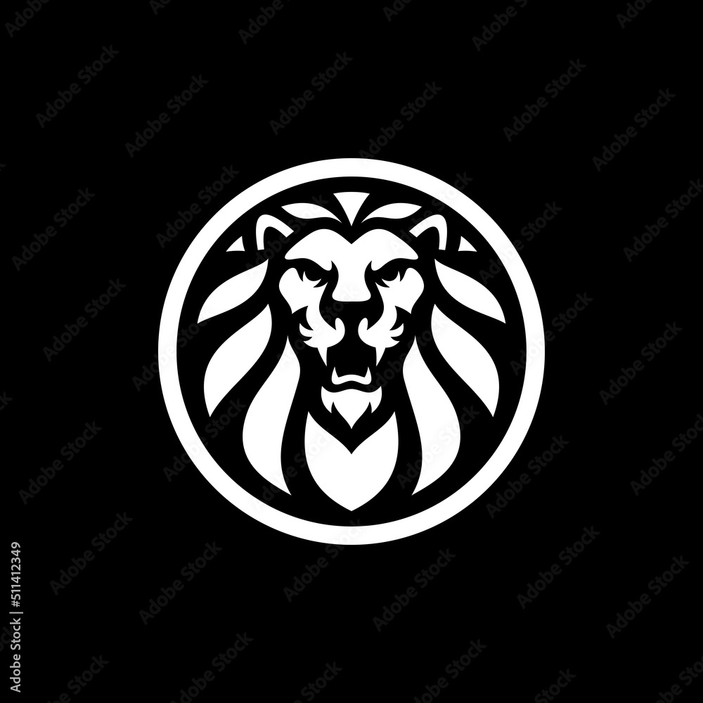Lion head in a circle emblem logo design. Lion head vector illustration on dark background