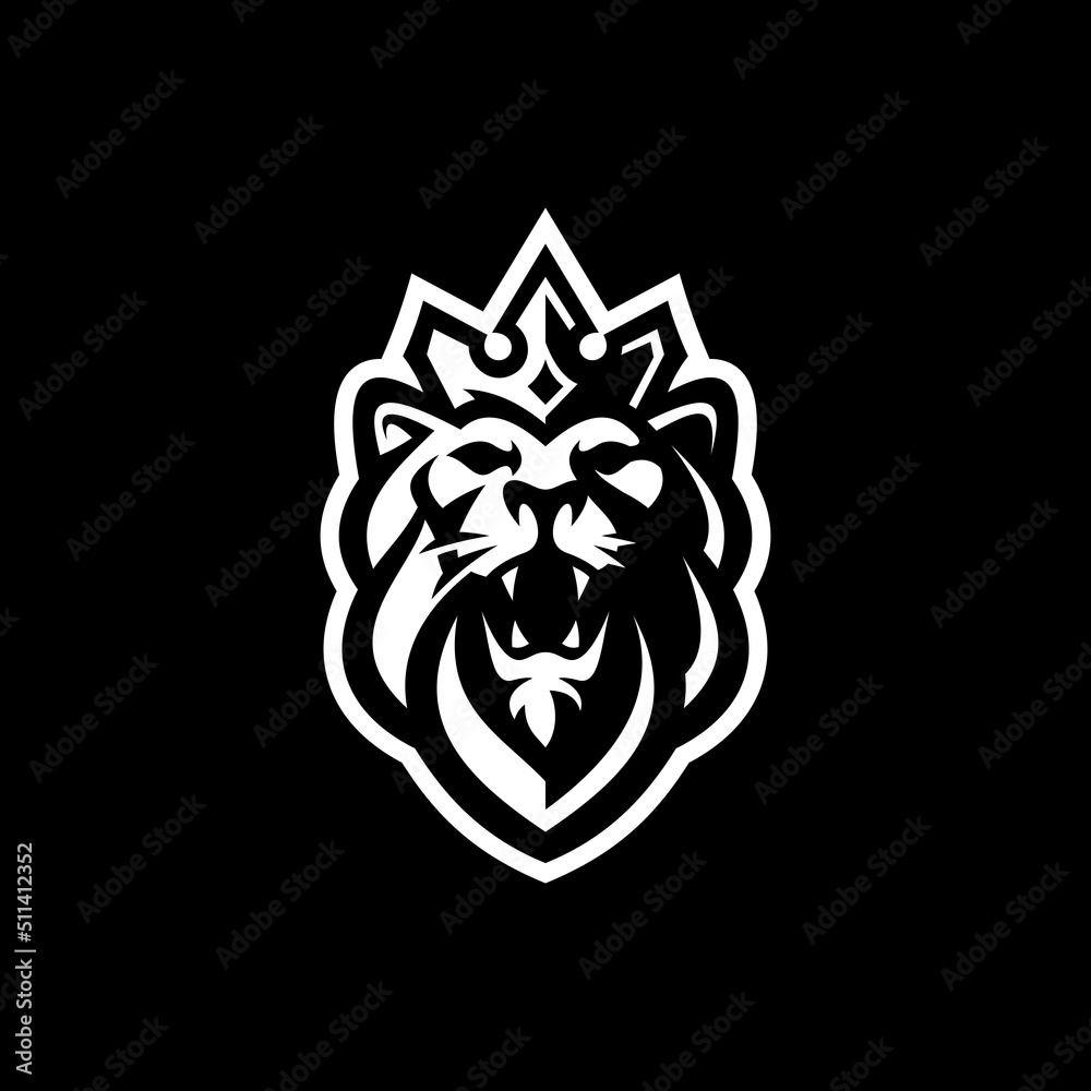 Lion king silhouette logo design. Lion head with crown vector illustration on dark background Lion king silhouette logo design. Lion head with crown vector illustration on dark background