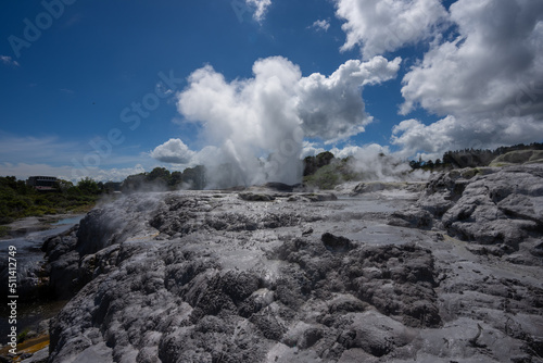 An erupting geothermal geyser in Rotorua New Zealand