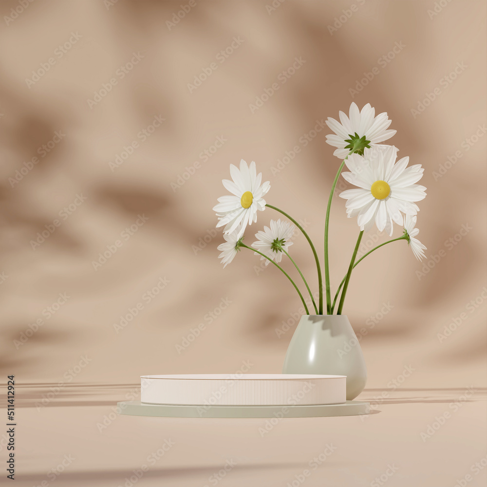 3D render template white podium in square with green vase, white daisy, and tan background 3D render template white podium in square with green vase, white daisy, and tan background
