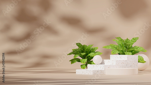 3D render template terrazzo podium in landscape with white sphere and chinese evergreen plant