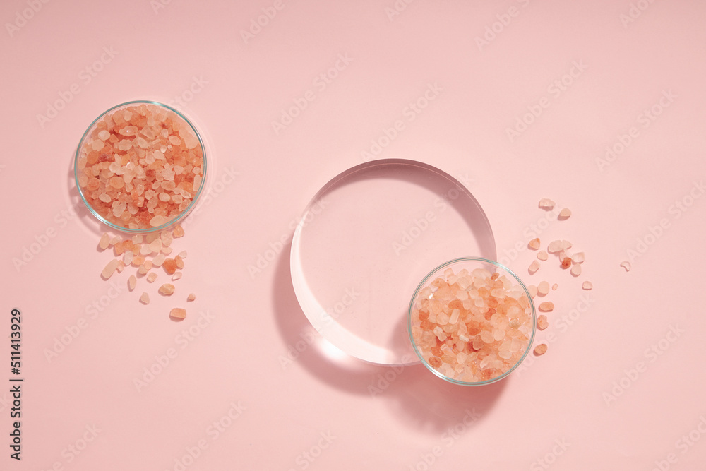 Top view of halit himalaya salt decorated with petri dish in pink background Top view of halit himalaya salt decorated with petri dish in pink background