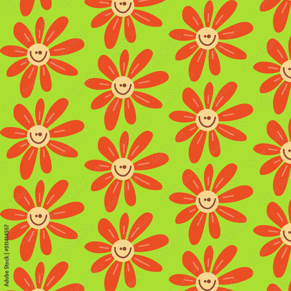 Groovy retro daisies pattern. Hippie Aesthetic. 70s, 80s, 90s vibes background