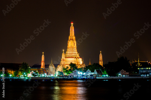 nightscape of Wat Arun Ratchawararam Ratchawaramahawihan Temple of Dawn  Bangkok Thailand.